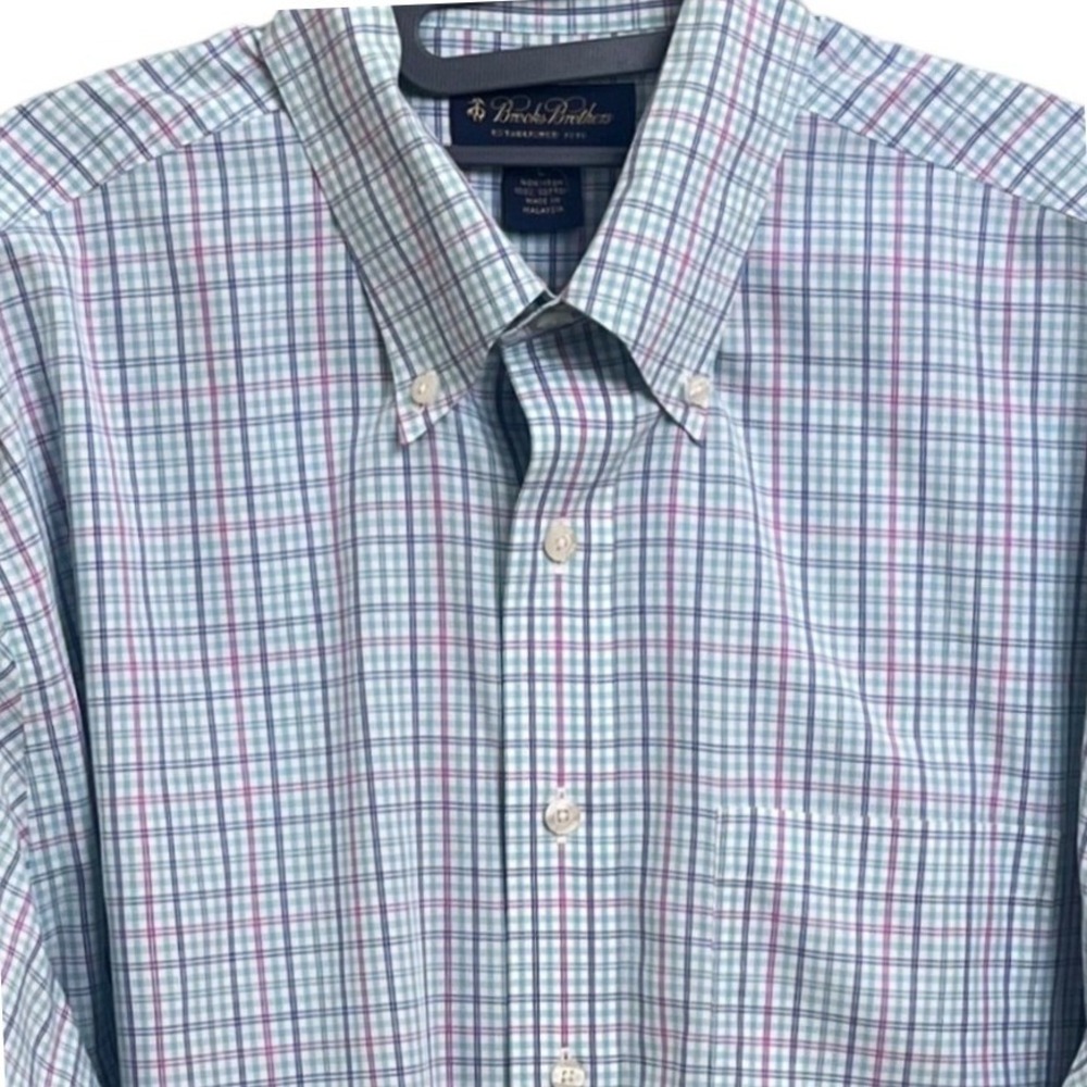 Brooks Brothers Aqua Purple Check Non Iron Long Sleeve Button Collar Large Shirt